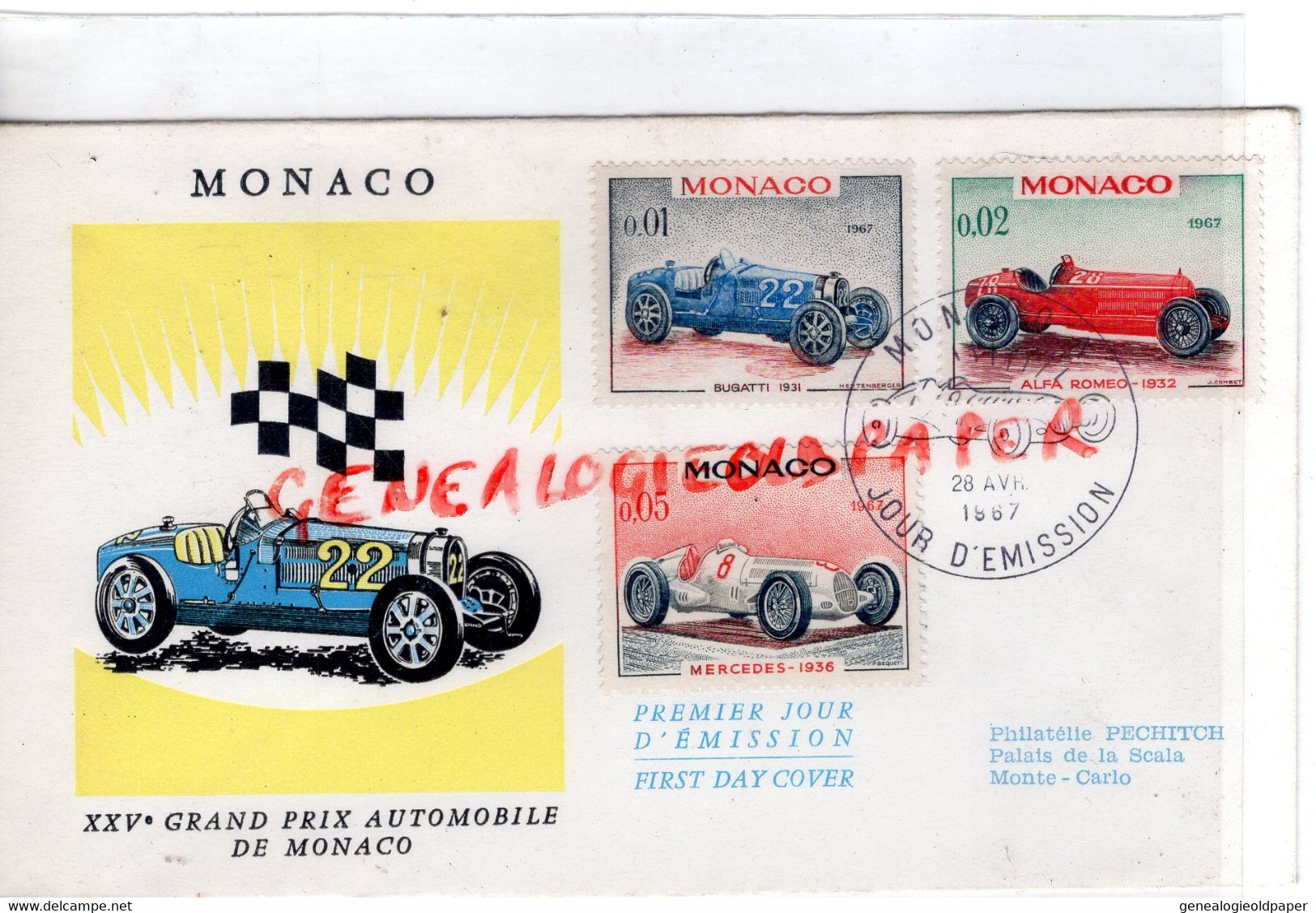 SPORTS - ENVELOPPE XXV GRAND PRIX AUTOMOBILE MONACO-1967-BUGATTI 1931-AFFA ROMEO 11932-MERCEDES 1936 - Brieven En Documenten