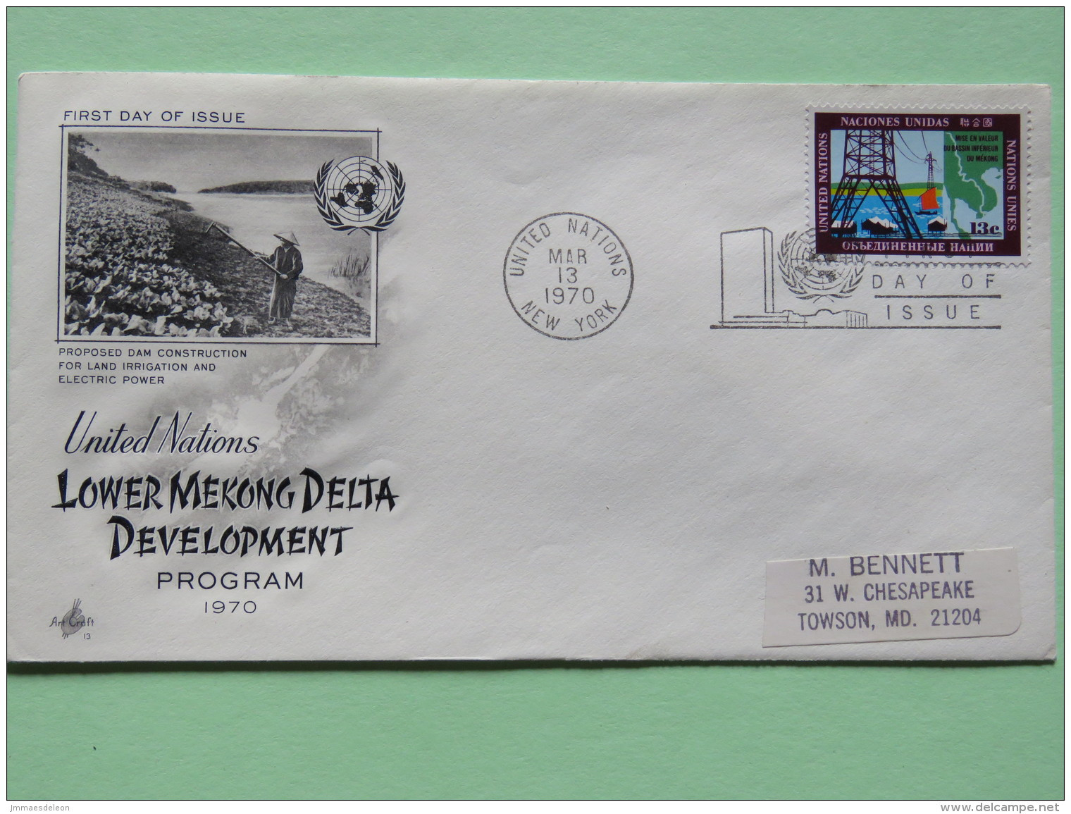 United Nations (New York) 1970 FDC Cover To Towson - Lower Mekong Delta Development - Dam Construction - Map - Energy - Lettres & Documents
