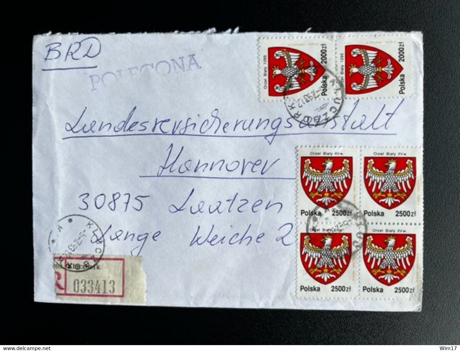 POLAND POLSKA 1993 REGISTERED LETTER KLUCZBORK TO LAATZEN 05-07-1993 POLEN - Brieven En Documenten