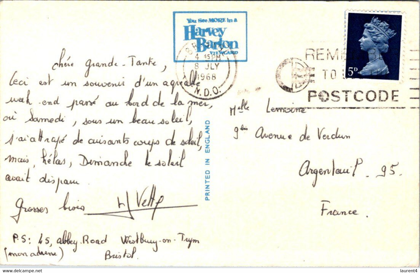 (4 M 31) UK - Posted To France 1968 - Cody Island - Pembrokeshire