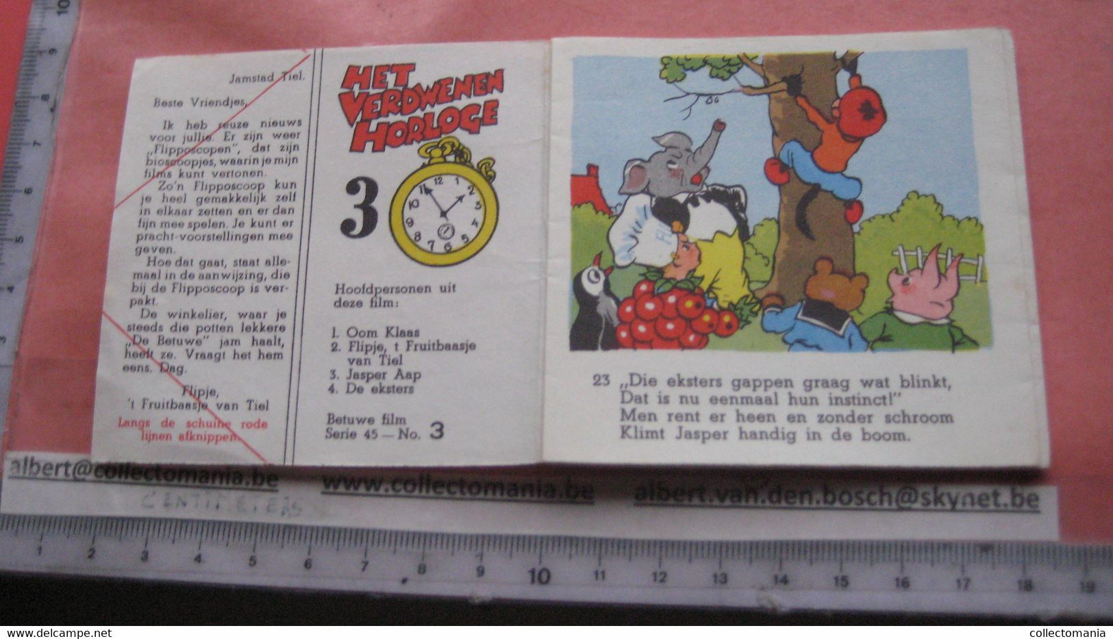 1952 Flipje, FRUITBAASJE de BETUWE, 4 kompl. series = 8 stroken in elk, voor kinderbioskoop FLIPPOSCOOP,  Prima staat