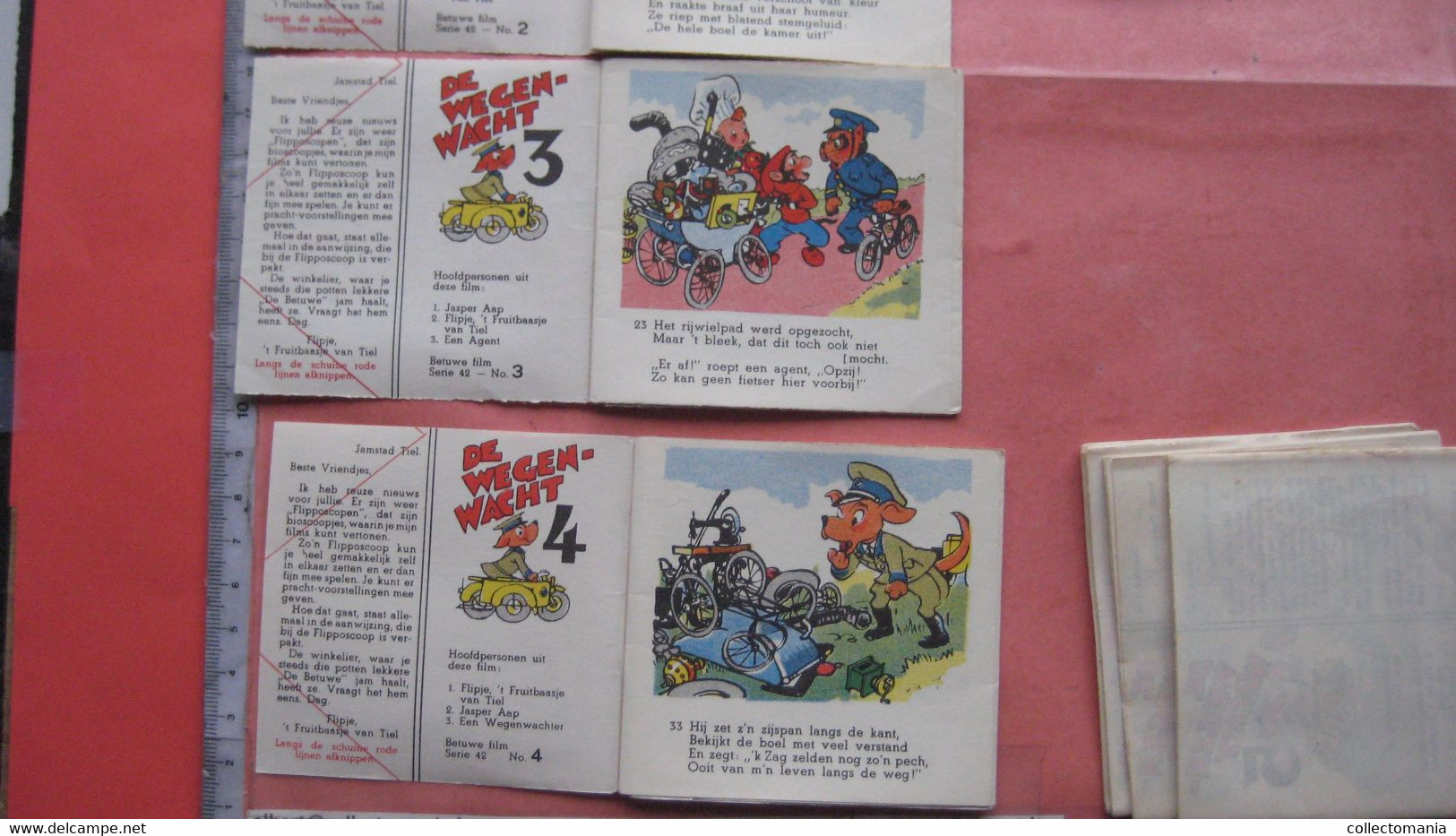 1952 Flipje, FRUITBAASJE de BETUWE, 4 kompl. series = 8 stroken in elk, voor kinderbioskoop FLIPPOSCOOP,  Prima staat