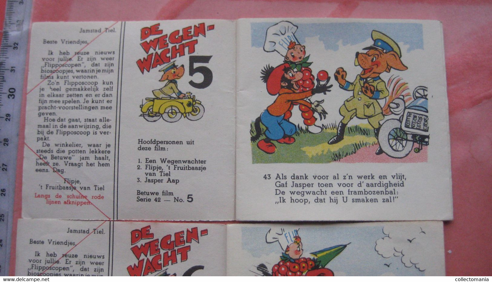 1952 Flipje, FRUITBAASJE de BETUWE, 4 kompl. series = 8 stroken in elk, voor kinderbioskoop FLIPPOSCOOP,  Prima staat