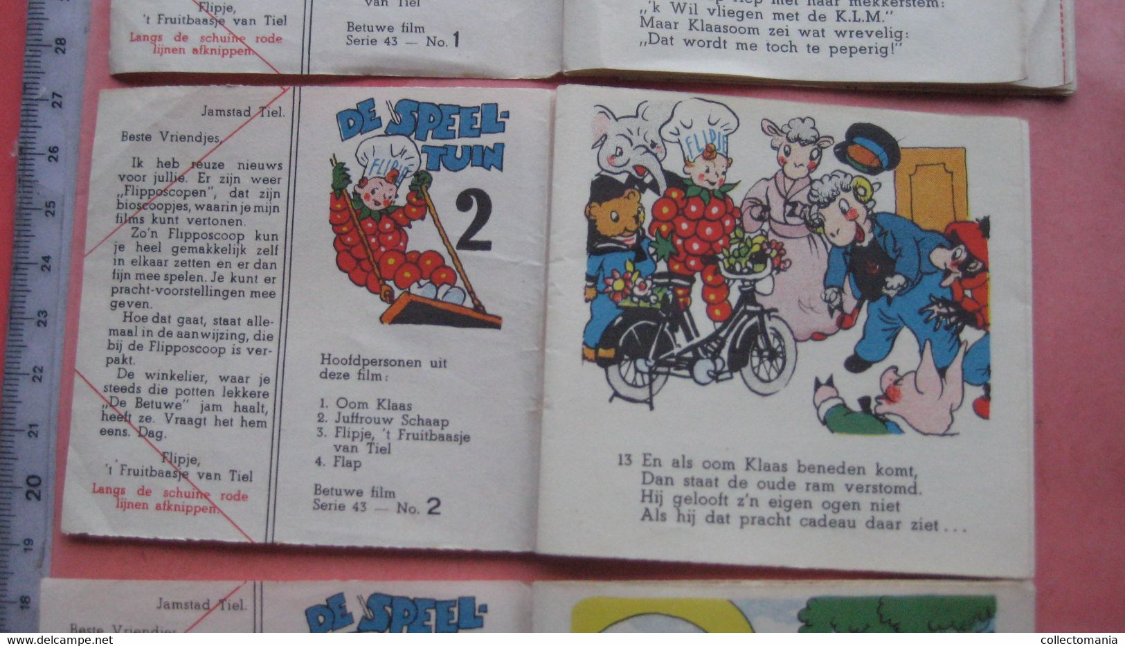 1952 Flipje, FRUITBAASJE de BETUWE, 4 kompl. series = 8 stroken in elk, voor kinderbioskoop FLIPPOSCOOP,  Prima staat