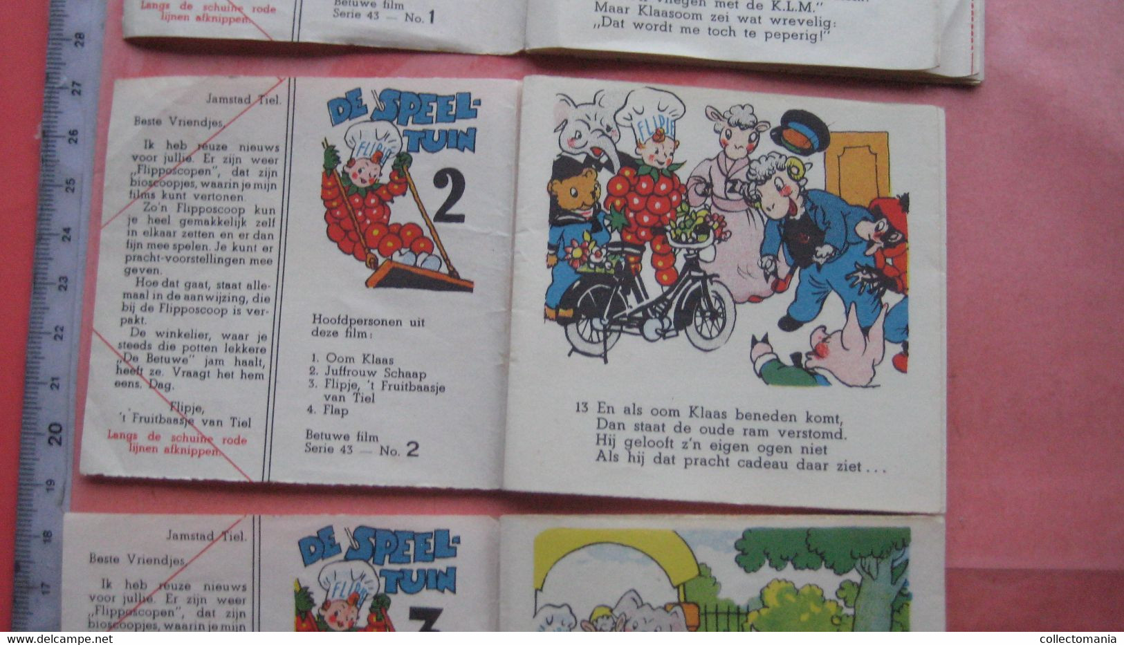 1952 Flipje, FRUITBAASJE de BETUWE, 4 kompl. series = 8 stroken in elk, voor kinderbioskoop FLIPPOSCOOP,  Prima staat