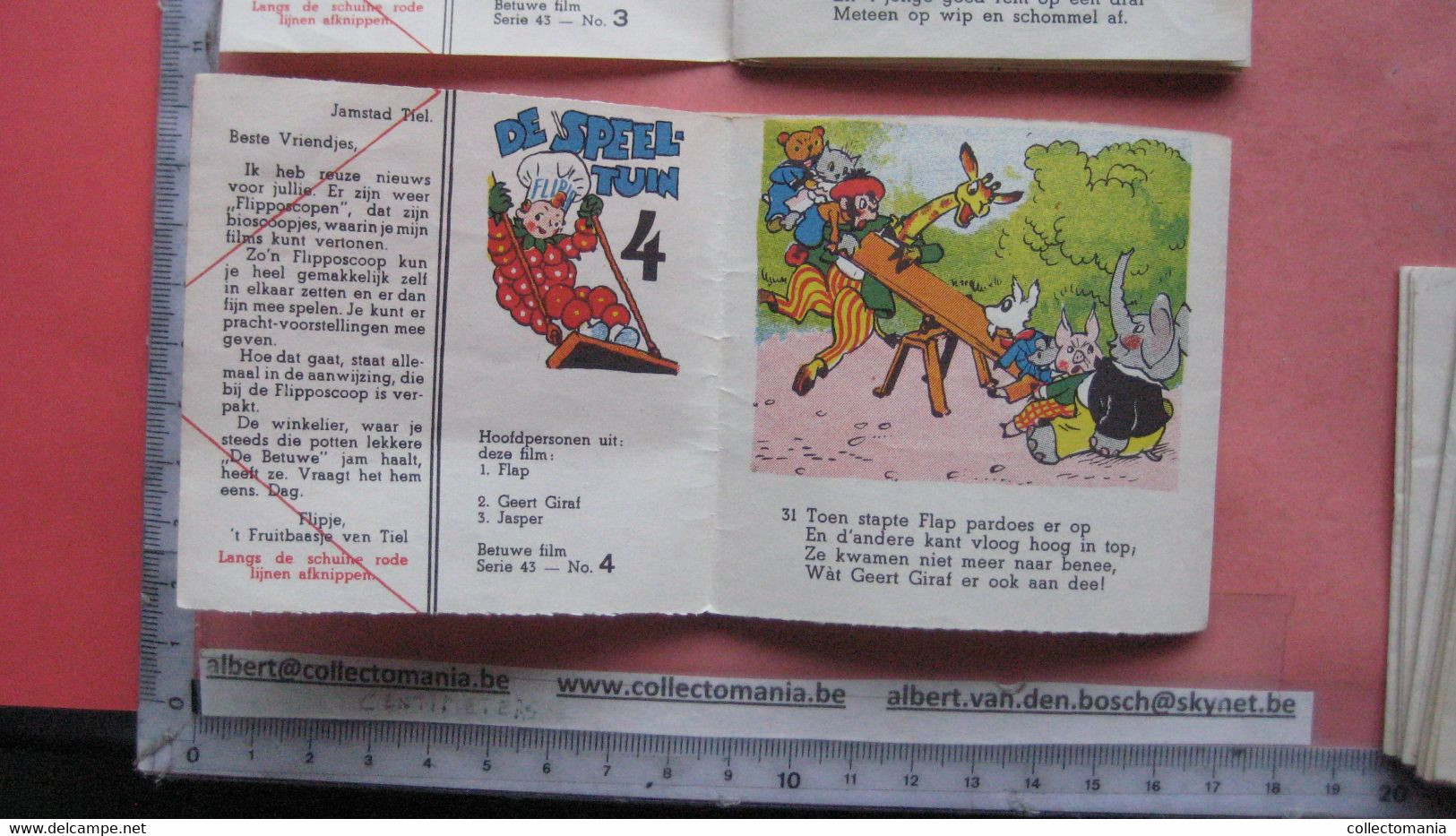 1952 Flipje, FRUITBAASJE de BETUWE, 4 kompl. series = 8 stroken in elk, voor kinderbioskoop FLIPPOSCOOP,  Prima staat