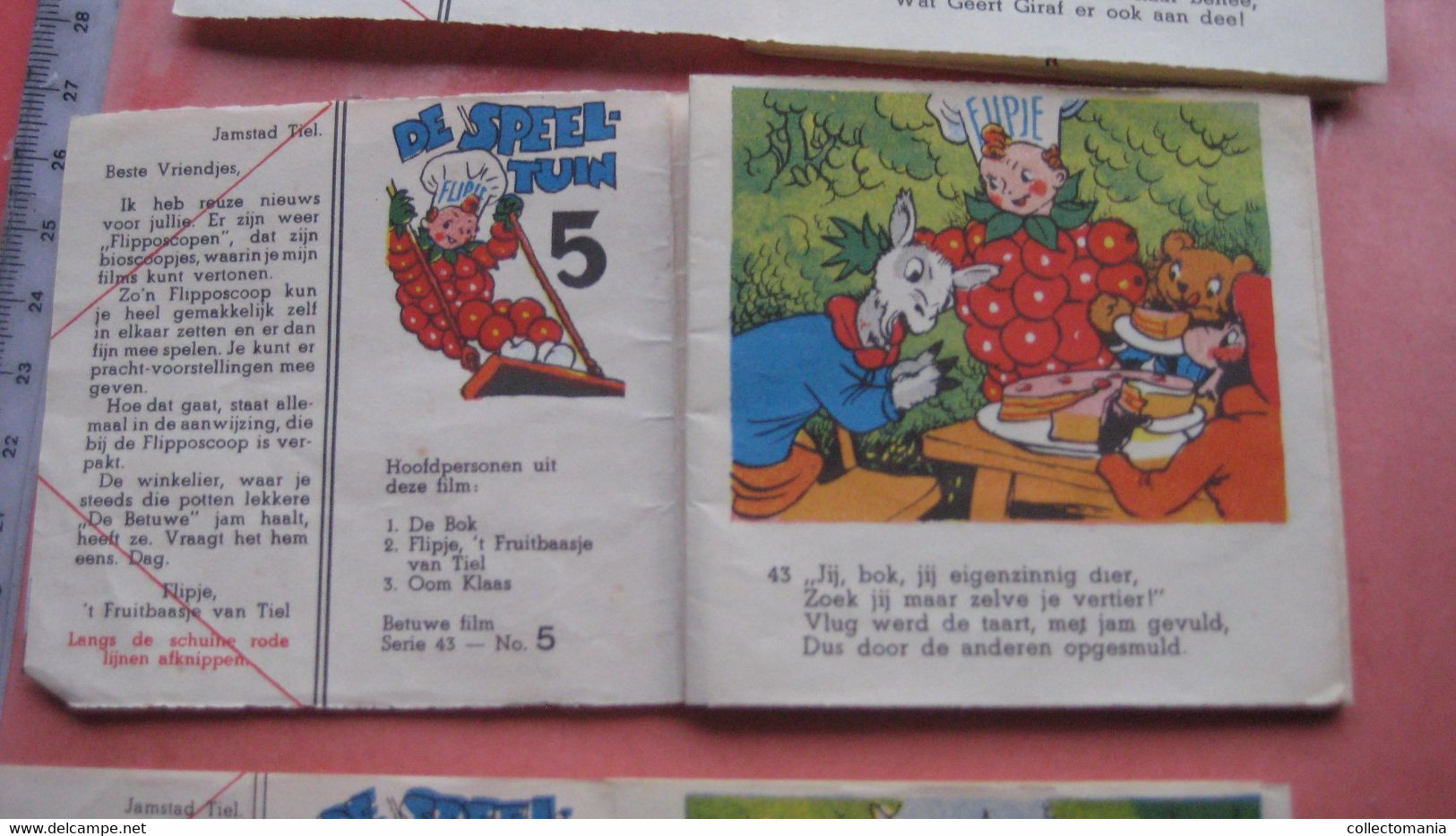 1952 Flipje, FRUITBAASJE de BETUWE, 4 kompl. series = 8 stroken in elk, voor kinderbioskoop FLIPPOSCOOP,  Prima staat