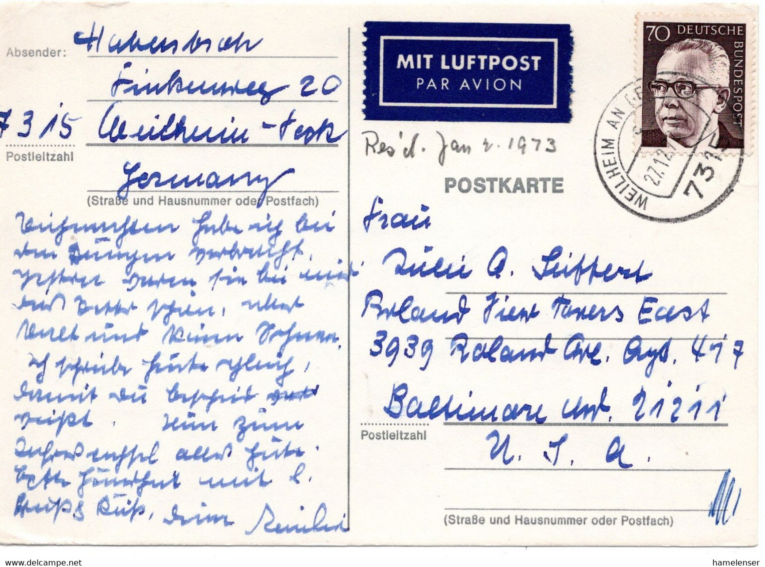 62510 - Bund - 1972 - 70Pfg Heinemann EF A LpAnsKte WEILHEIM -> Baltimore, MD (USA) - Cartas & Documentos