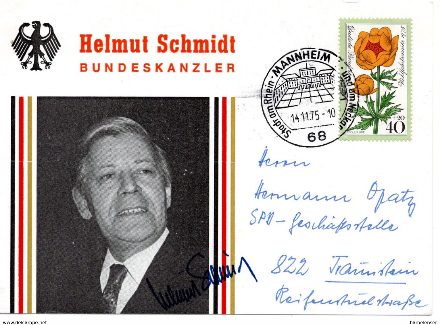 62514 - Bund - 1975 - 40Pfg WoFa '75 EF A Kte M Werbestpl MANNHEIM - ,,, -> Traunstein, Autogramm Helmut Schmidt - Other & Unclassified