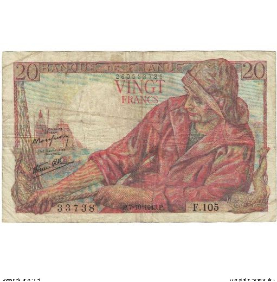 France, 20 Francs, Pêcheur, 1943, F.105, TB+, Fayette:13.7, KM:100a - 20 F 1942-1950 ''Pêcheur''