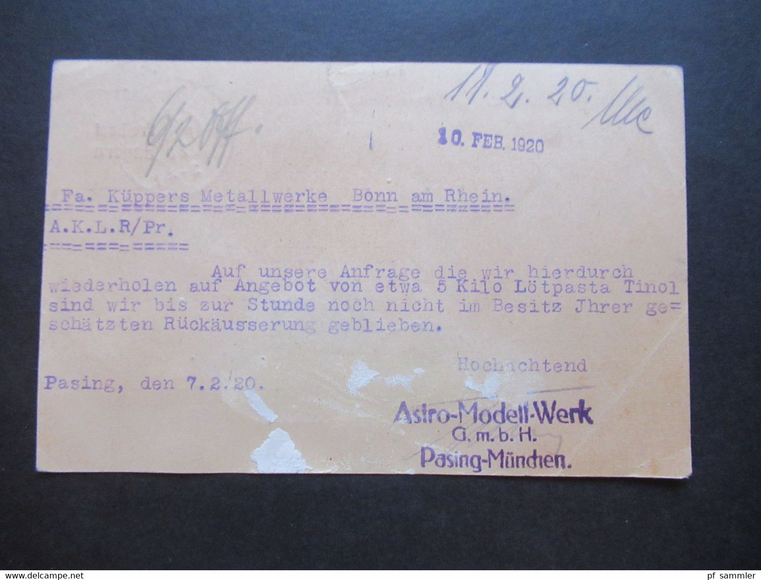 AD Bayern 1920 Ganzsache Mit Blaustift / Nachporto Fern PK Pasing Nach Bonn Mit Stempel Bonn 1 Porto - Postal  Stationery