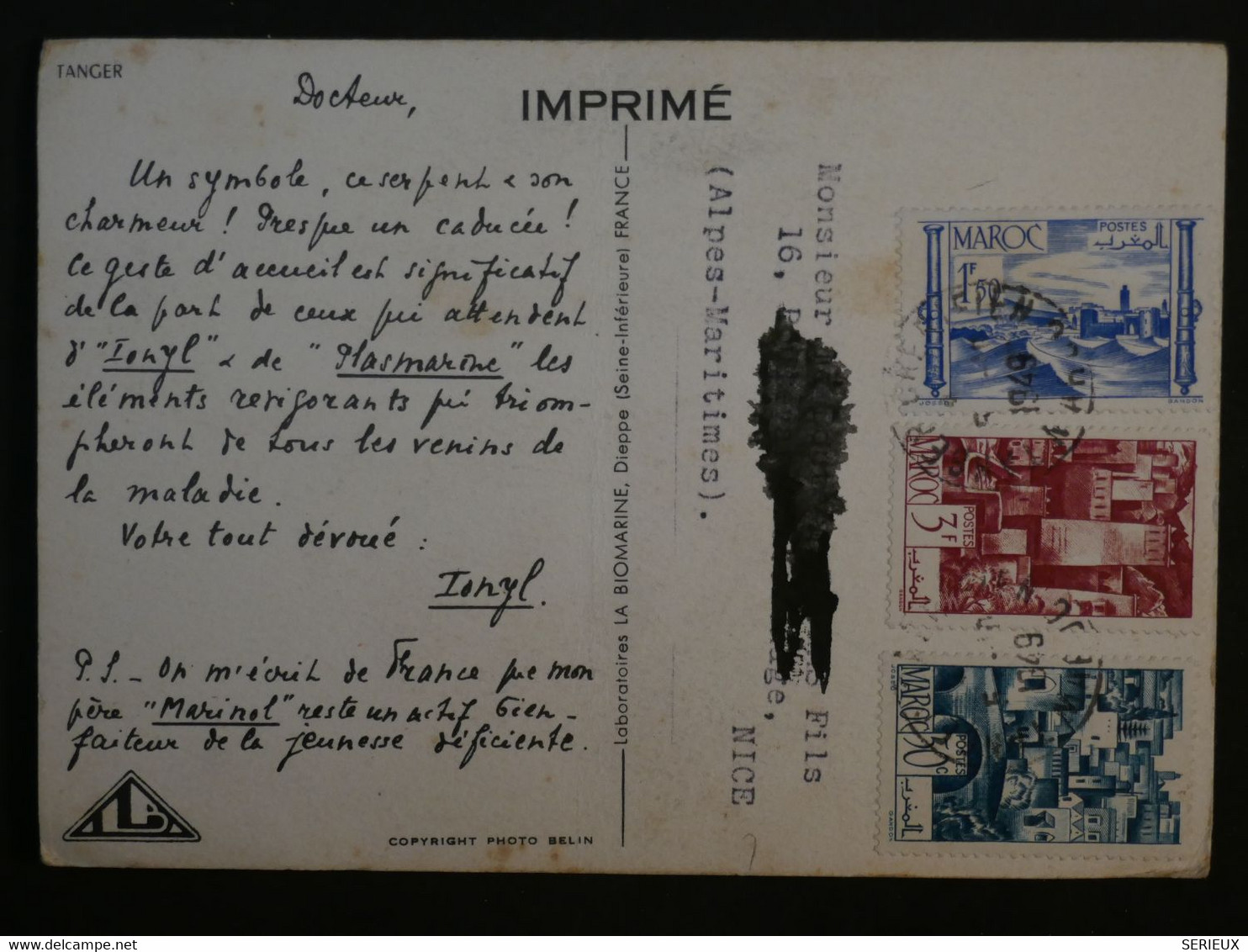 BJ4 MAROC    BELLE CARTE    1949 TANGER  A NICE FRANCE +CHARMEUR  DE SERPENT +++AFFR.  INTERESSANT - Cartas & Documentos