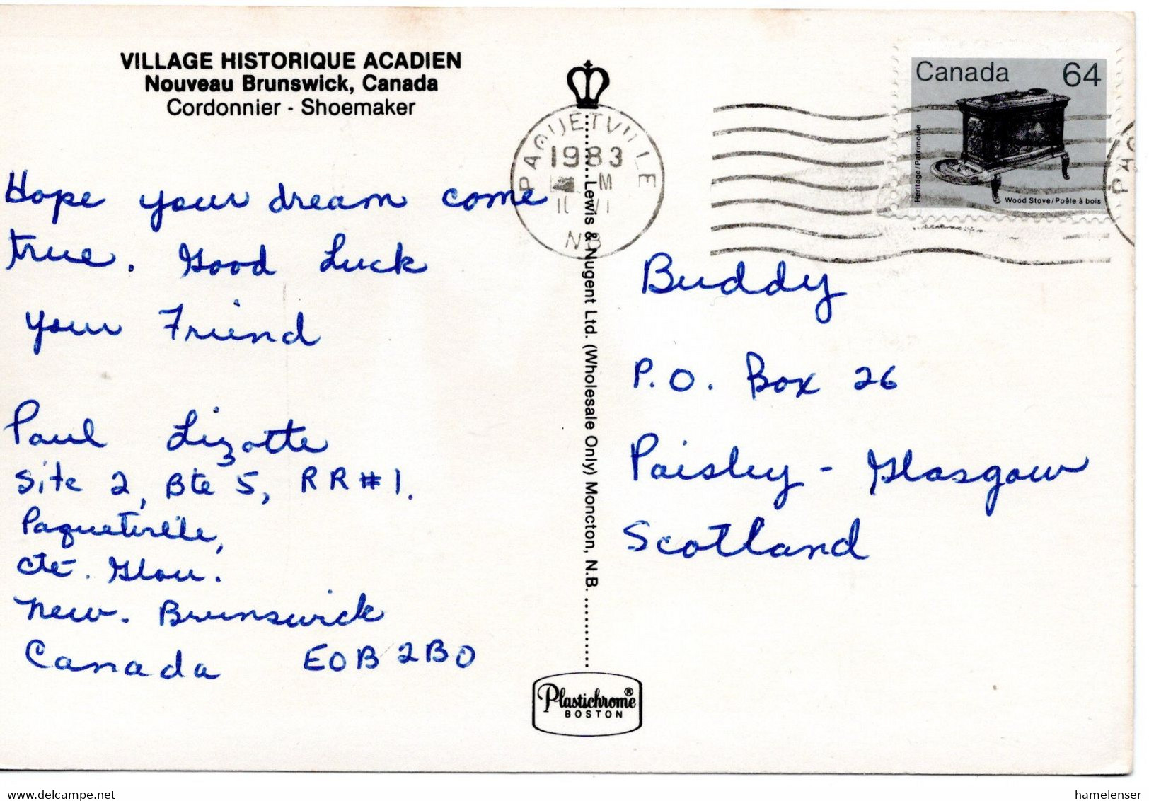 62522 - Canada - 1983 - 64￠Holzofen EF A AnsKte PAQUETVILLE NB -> Grossbritannien - Lettres & Documents