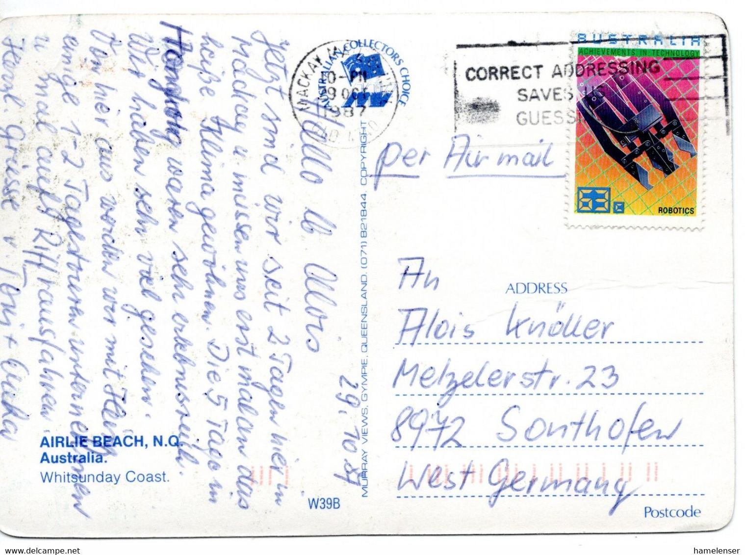 62527 - Australien - 1987 - 63￠Automatisierung EF A LpAnsKte MACKAY MAIL CENTRE QLD - ... -> Westdeutschland - Lettres & Documents