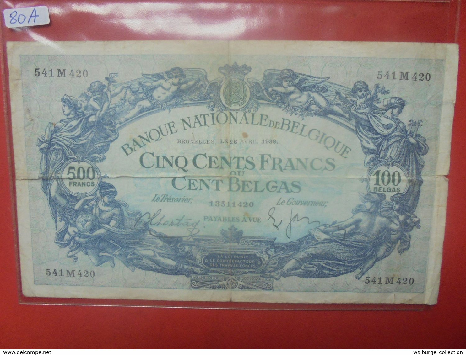 BELGIQUE 500 Francs 1938 Circuler (B.27) - 500 Francs-100 Belgas