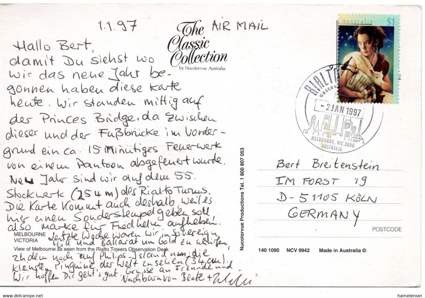 62529 - Australien - 1997 - $1 Weihnachten A LpAnsKte MELBOURNE RIALTO TOWER -> Deutschland - Lettres & Documents