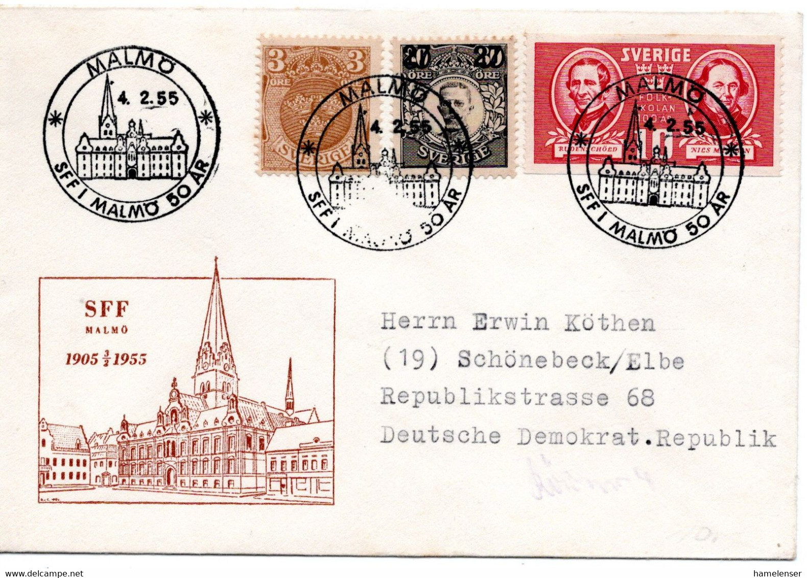 62531 - Schweden - 1955 - 10o. Volksschule MiF A Bf M SoStpl MALMOE - 50 JAHRE SFF -> DDR - Storia Postale