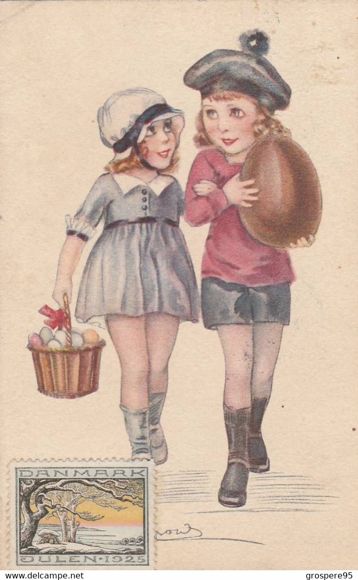 ILLUSTRATEUR SIGNE ? DEUX JEUNES FILLES AVEC DES OEUFS POSTEE DANEMARK DANMARK 1925 KOBENHAVN COPENAGUE - Easter