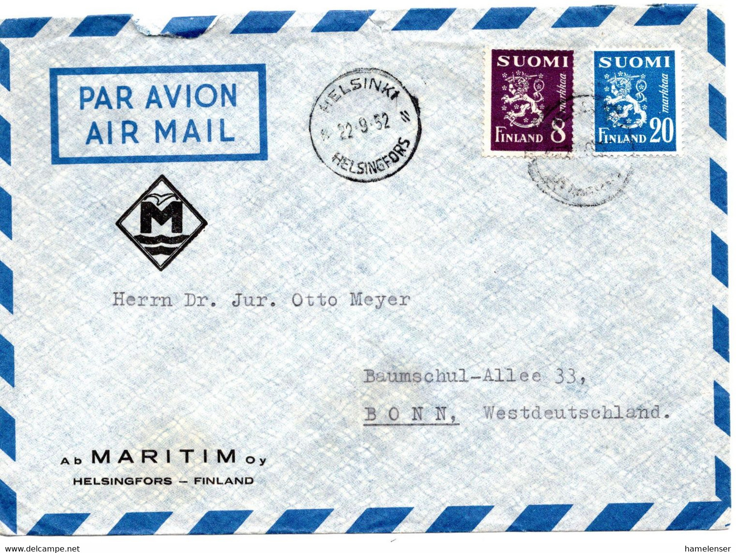 62533 - Finnland - 1952 - 20Mk Wappen MiF A LpBf HELSINKI -> Westdeutschland - Cartas & Documentos