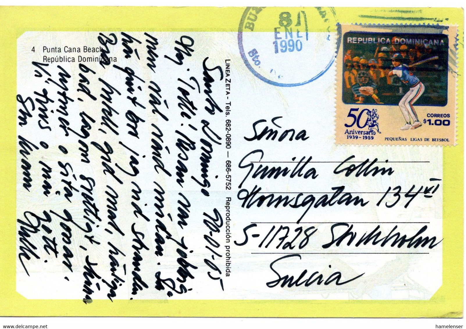 62538 - Dominikanische Republik - 1990 - $1 Baseball EF A AnsKte SANTO DOMINGO -> Schweden - Honkbal