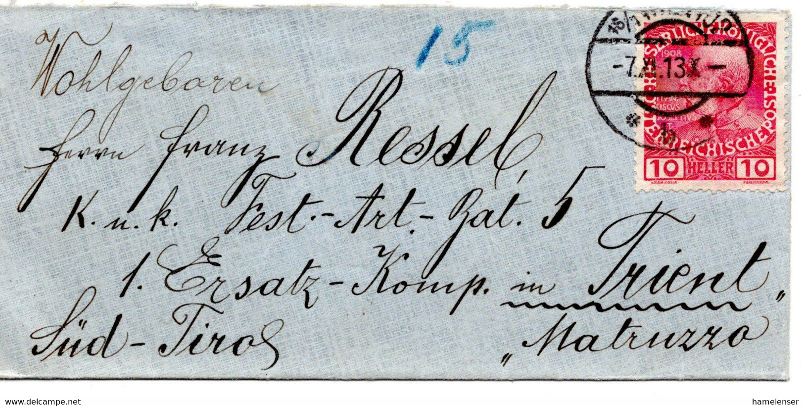 62539 - Oesterreich - 1913 - 10H Franz-Josef EF A Bf WIEN -> Trient, An Soldaten Beim Festungsart.Batl. 5 - Covers & Documents