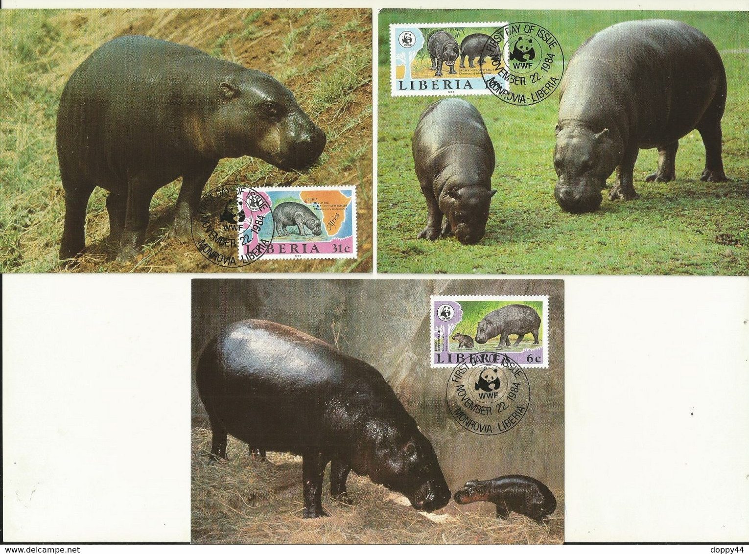 LOT 3 CARTES WWF LIBERIA HIPPOPOTAMES. - Maximumkaarten