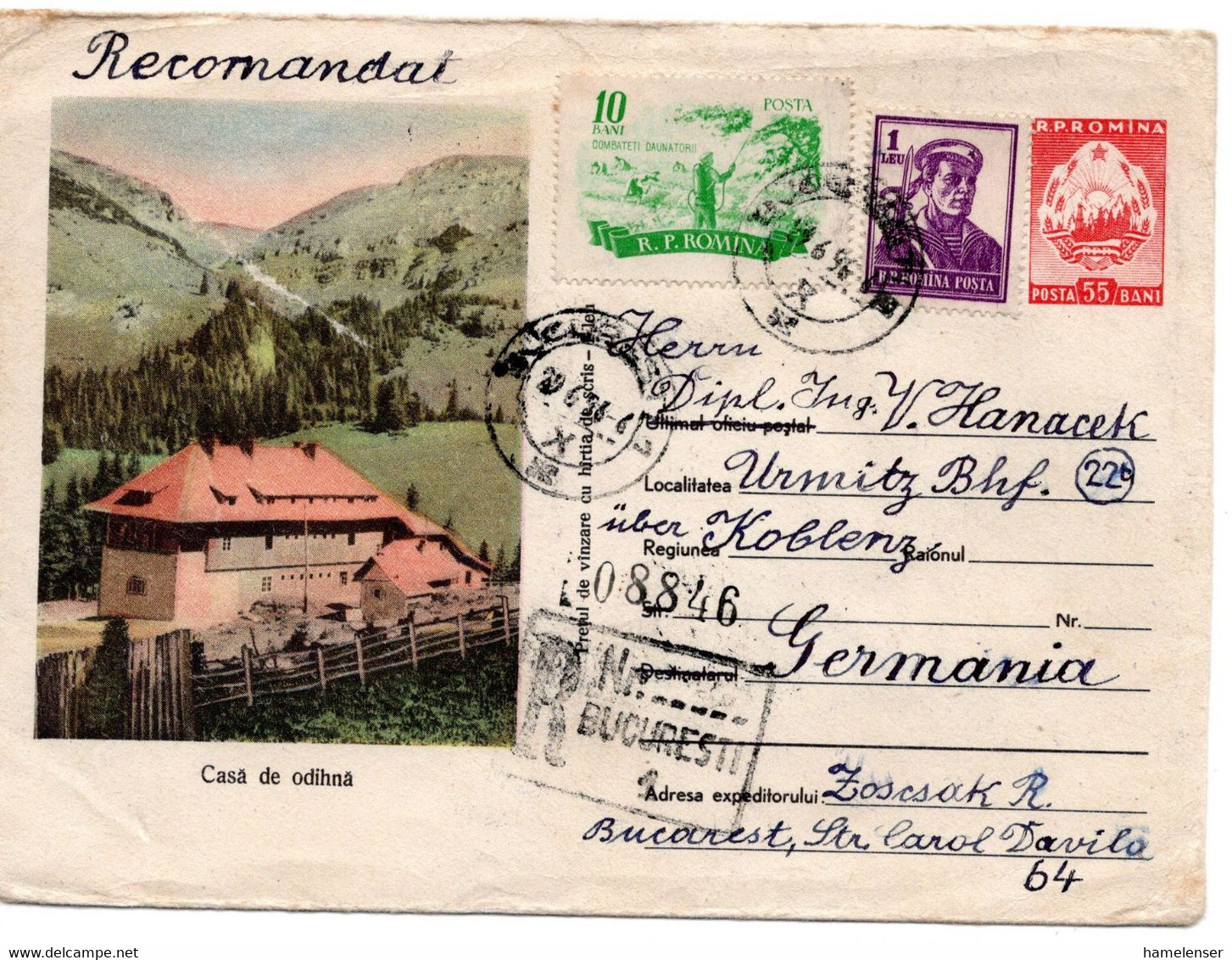 62545 - Rumaenien - 1956 - 55B GAUmschlag M ZusFrankatur Per Einschreiben BUCURESTI -> Westdeutschland - Cartas & Documentos