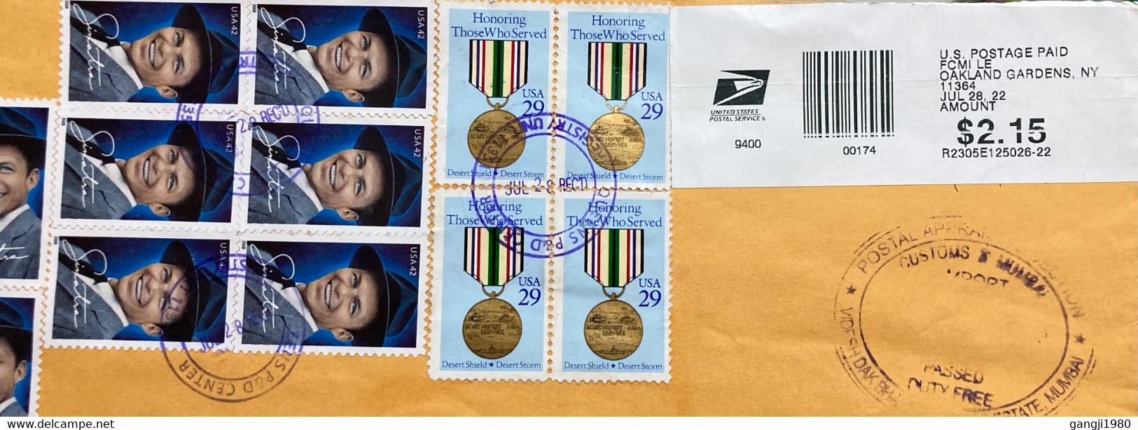 USA 2022, COVER USED TO INDIA,BLOCK SINATRA ,MEDAL FOR DESERT WAR,60 STAMPS !!! SEE CAREFULLY - Covers & Documents