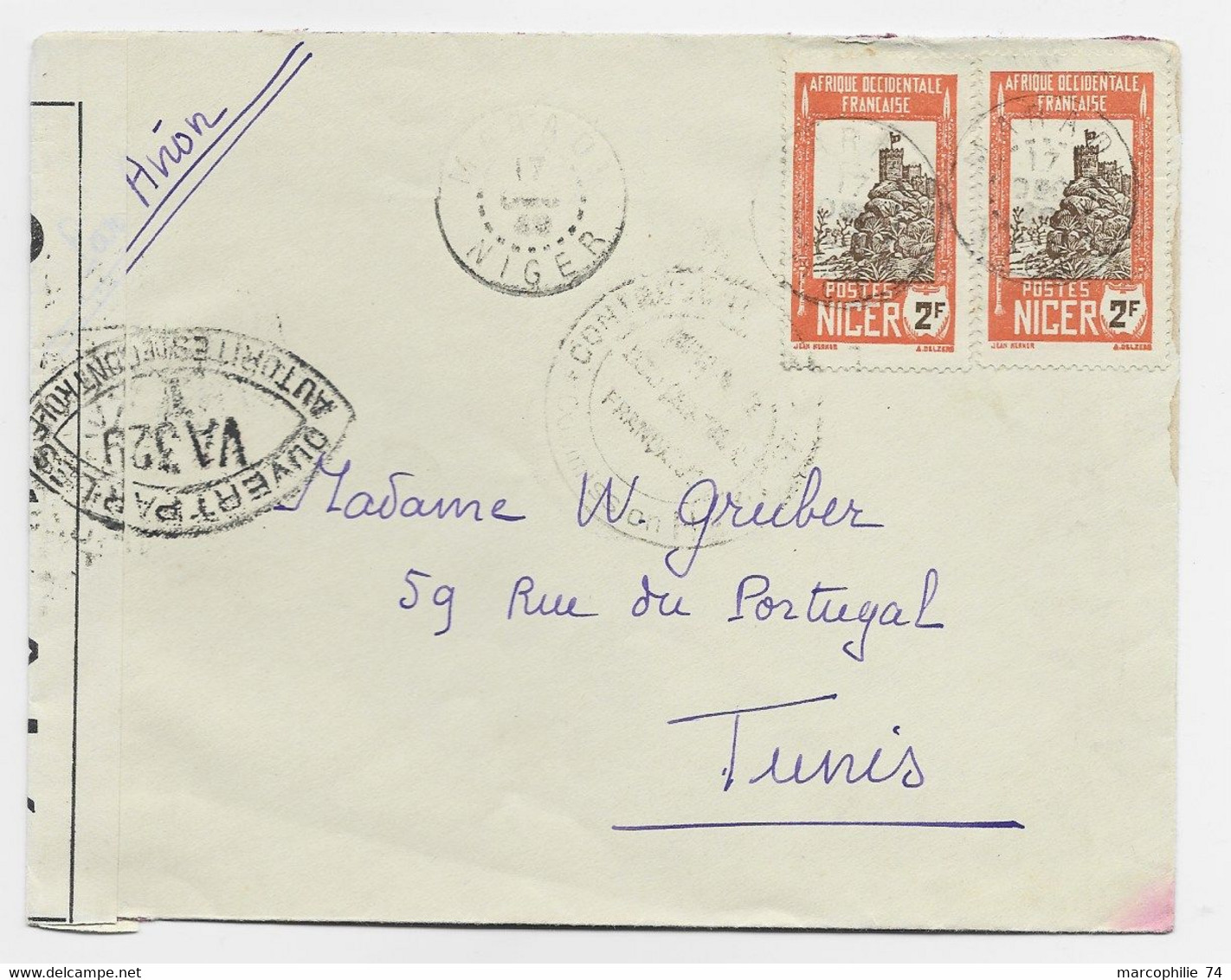 NIGER 2FRX2 LETTRE COVER AVION MATADI 1940 TO TUNISIE CENSURE OUVERT VA 329I - Cartas & Documentos