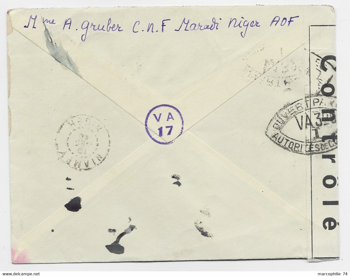 NIGER 2FRX2 LETTRE COVER AVION MATADI 1940 TO TUNISIE CENSURE OUVERT VA 329I - Covers & Documents