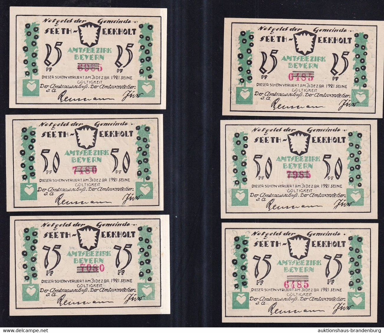 6x Seeth-Eeckholt: Je 2x 25, 50 + 75 Pfennig 1921 - Signatur Reumann / Jürs - Collections