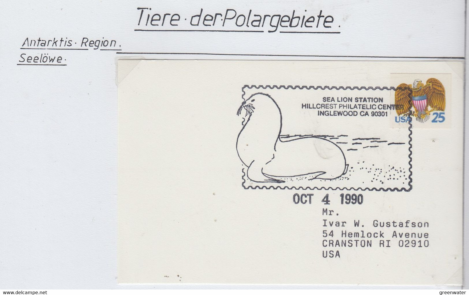 USA Card Ca With Sea Lion  Ca Sea Lion Station Inglewood OCT 4 1990 (XA163) - Antarctische Fauna