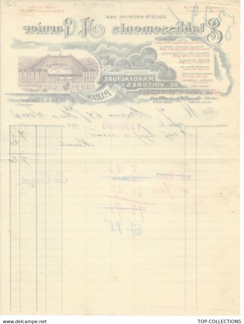 PARIS INDUSTRIE 1913 ENTETE  Garnier Manufacture De Voitures De Toute Nature Paris Pour Braun à SENS Yonne B.E. V.SCANS - 1900 – 1949