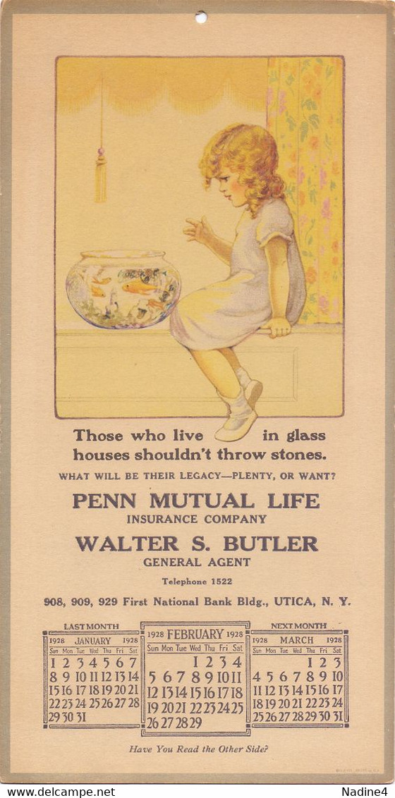 Kalender Calendrier - 1° Kwartaal 1928 - Pub Reclame Penn Mutual Life - Walter Butler , Utica - Big : 1921-40