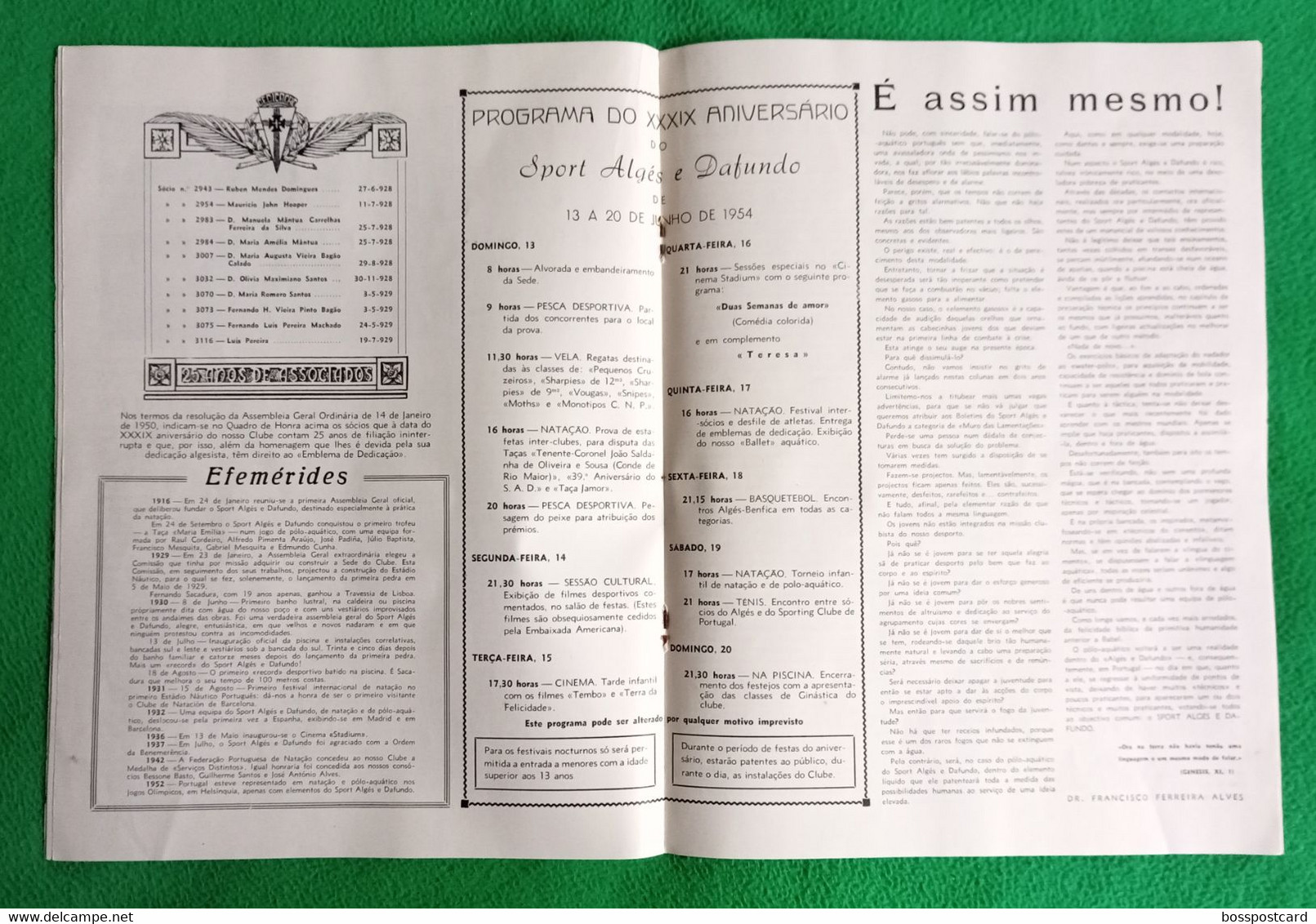 Algés - Sport Algés E Dafundo - Número Único Comemorativo Do XXXIX Aniversário, 1954 - Publicidade - Portugal - Sports