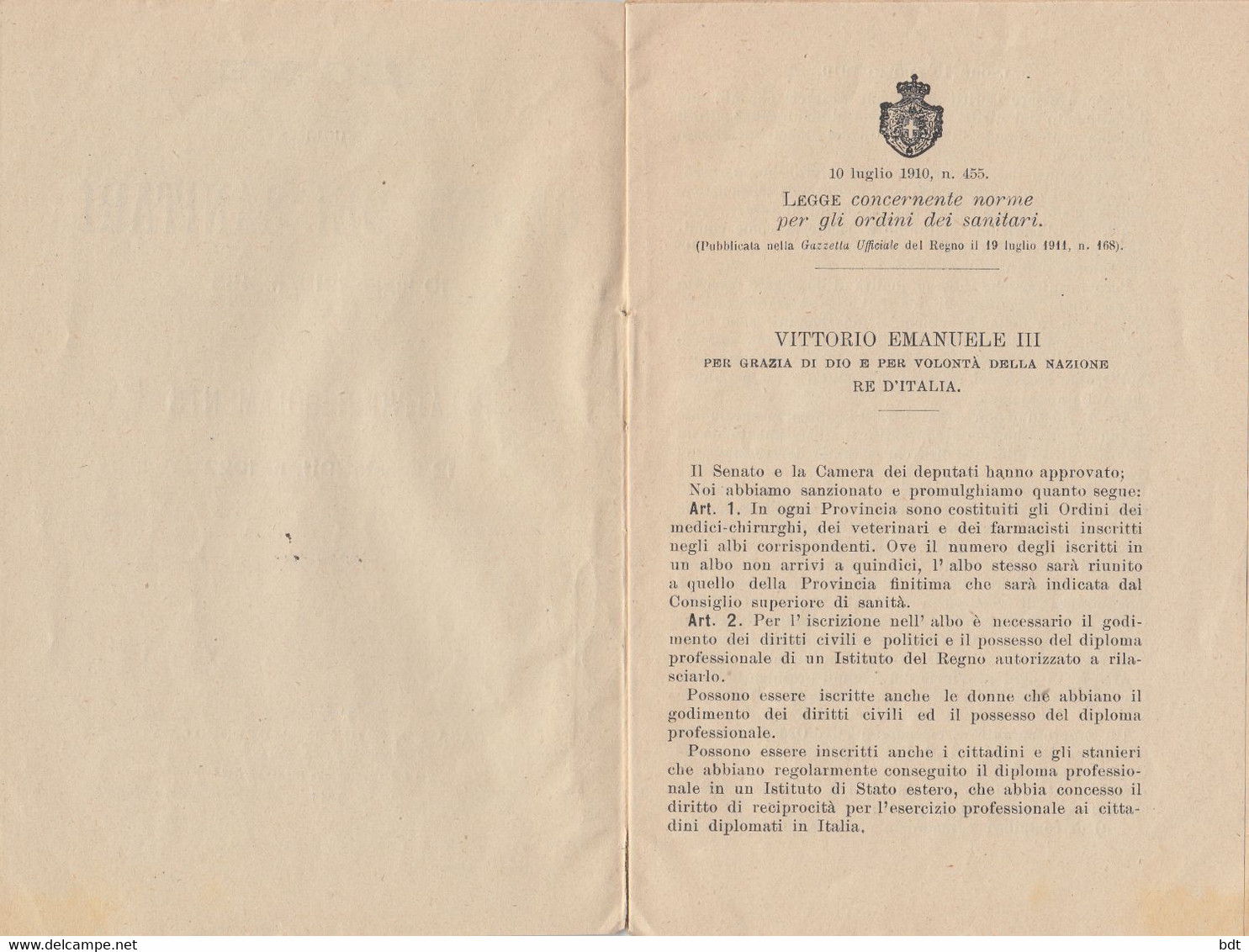 RC093 - 1910 LIBRO COMPLETO 23 PAGINE "LEGGE SUGLI ORDINI DEI SANITARI Del 10/7" - Medicina, Biología, Química