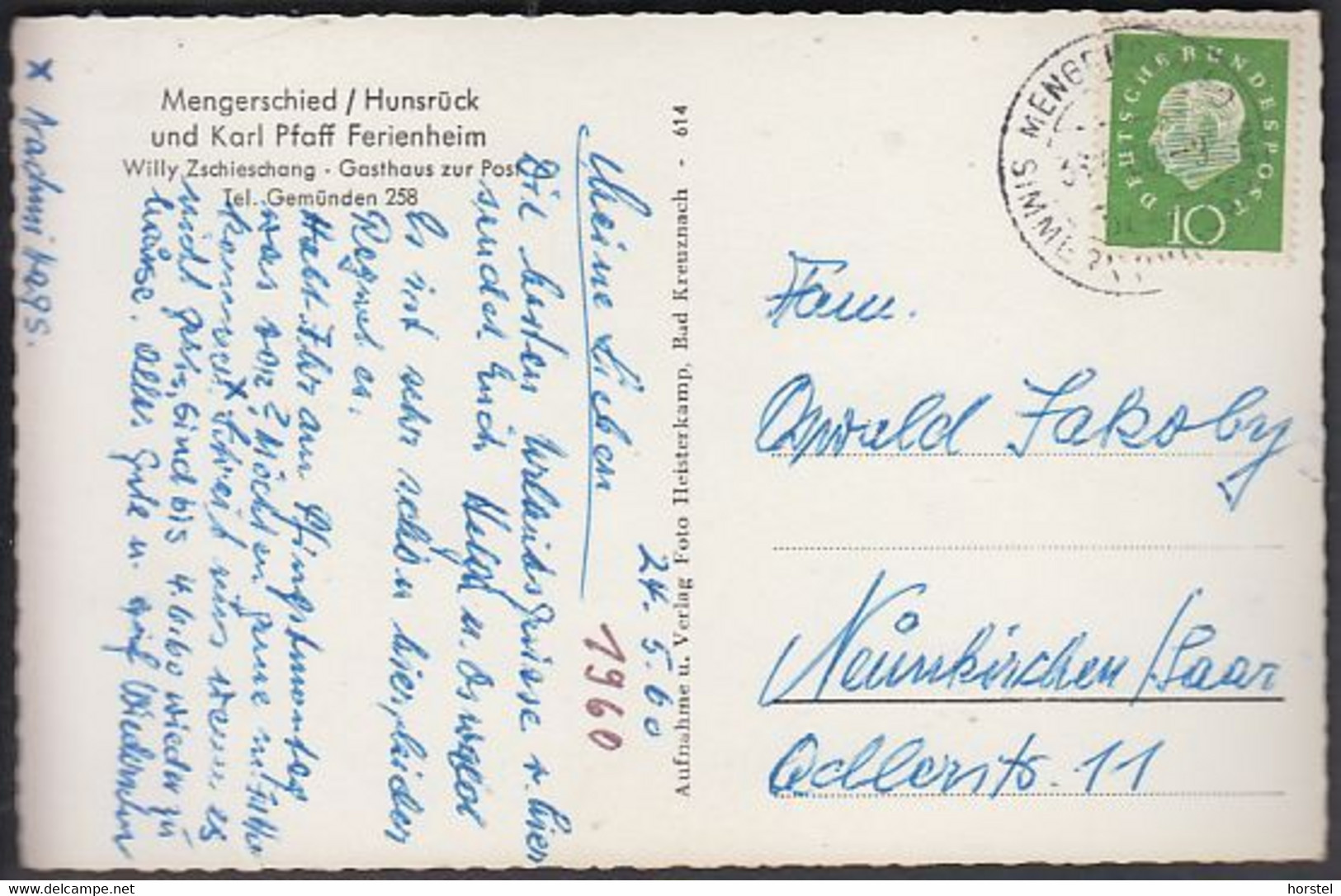 D-55490 Mengerschied - Hunsrück - Karl Pfaff Ferienheim - Gasthaus Zur Post - Stamp 1960 - Simmern