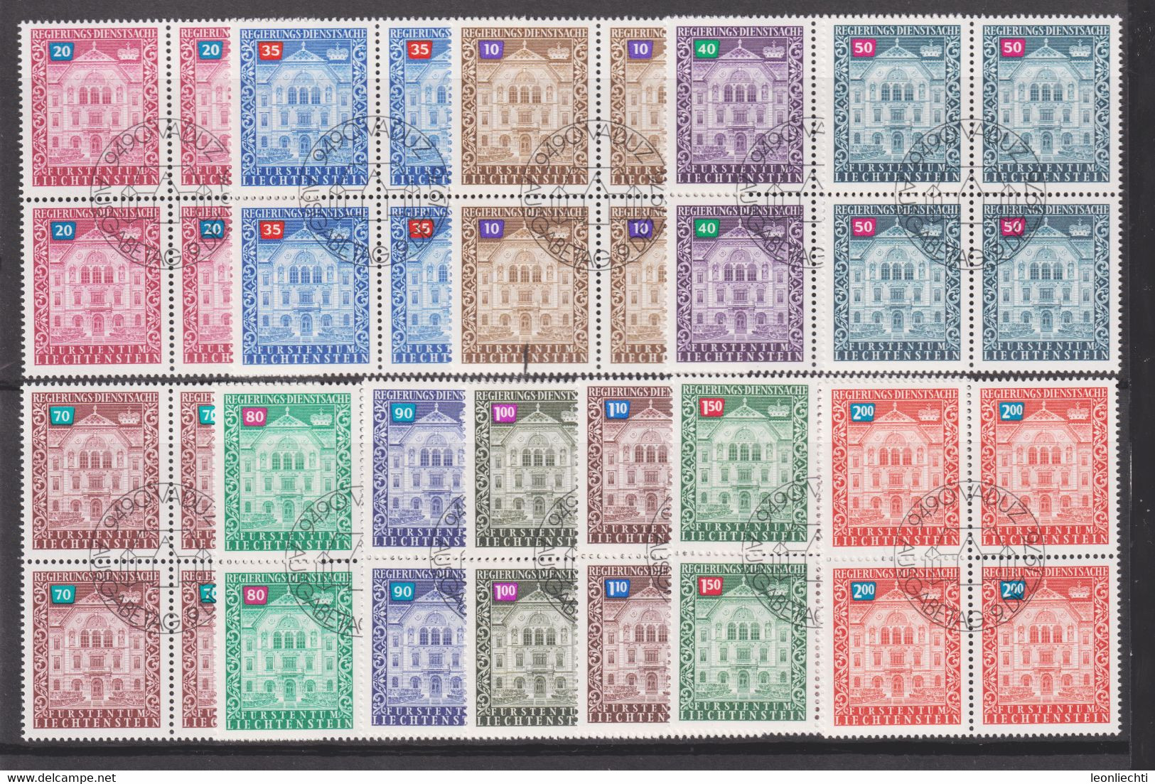 1976 Liechtenstein: Dienstmarken 4er Block Serie Y&T:LI S 57-S68°/ Mi: D 57-D68° ET Stempel,  Regierungsgebäude Vaduz - Oficial