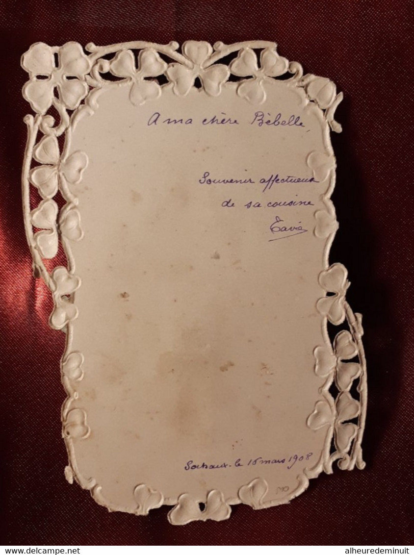 Image ancienne"Souvenirs"découpis se déploient"myosotis"muguet"lyre"couple colombes"musique"rose"fleurs"trèfle"1902