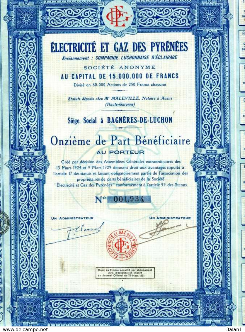 ELECTRICITE & GAZ Des PYRENEES  (1924 )  = LOT De 5 (cinq) Actions - Electricidad & Gas