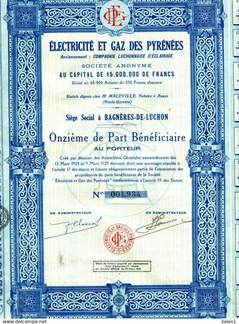 ELECTRICITE & GAZ Des PYRENEES  (1924 )  = LOT De 5 (cinq) Actions - Electricité & Gaz
