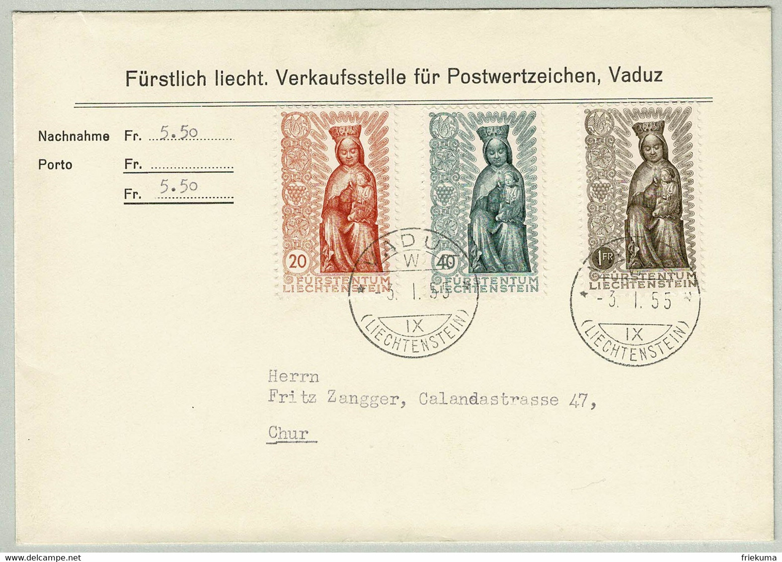Liechtenstein 1955, Nachnahme Vaduz - Chur, Madonna Mit Kind - Cartas & Documentos