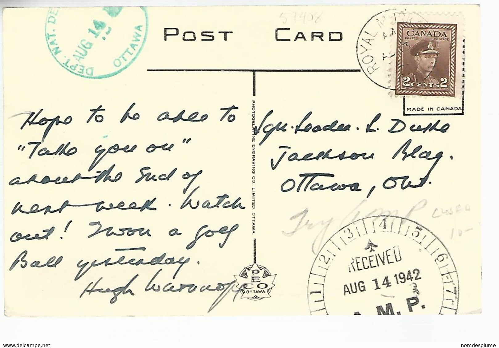 57408) Canada R.C.A.F. Miltary Mail Royal Muskoka Postmark Cancel 1942 Closed Post Office - Muskoka