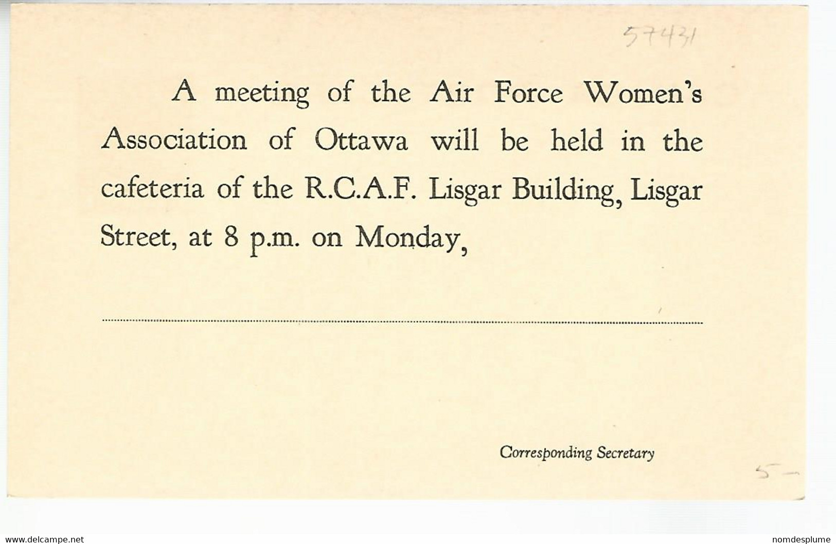 57431) R.C.A.F. Miltary Mail Postcard Air Force Women's Association Of Ottawa - 1903-1954 De Koningen