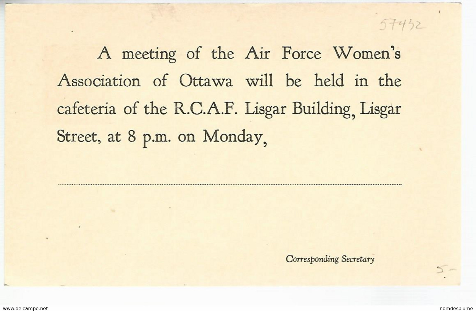 57432) R.C.A.F. Miltary Mail Postcard Air Force Women's Association Of Ottawa - 1903-1954 Könige