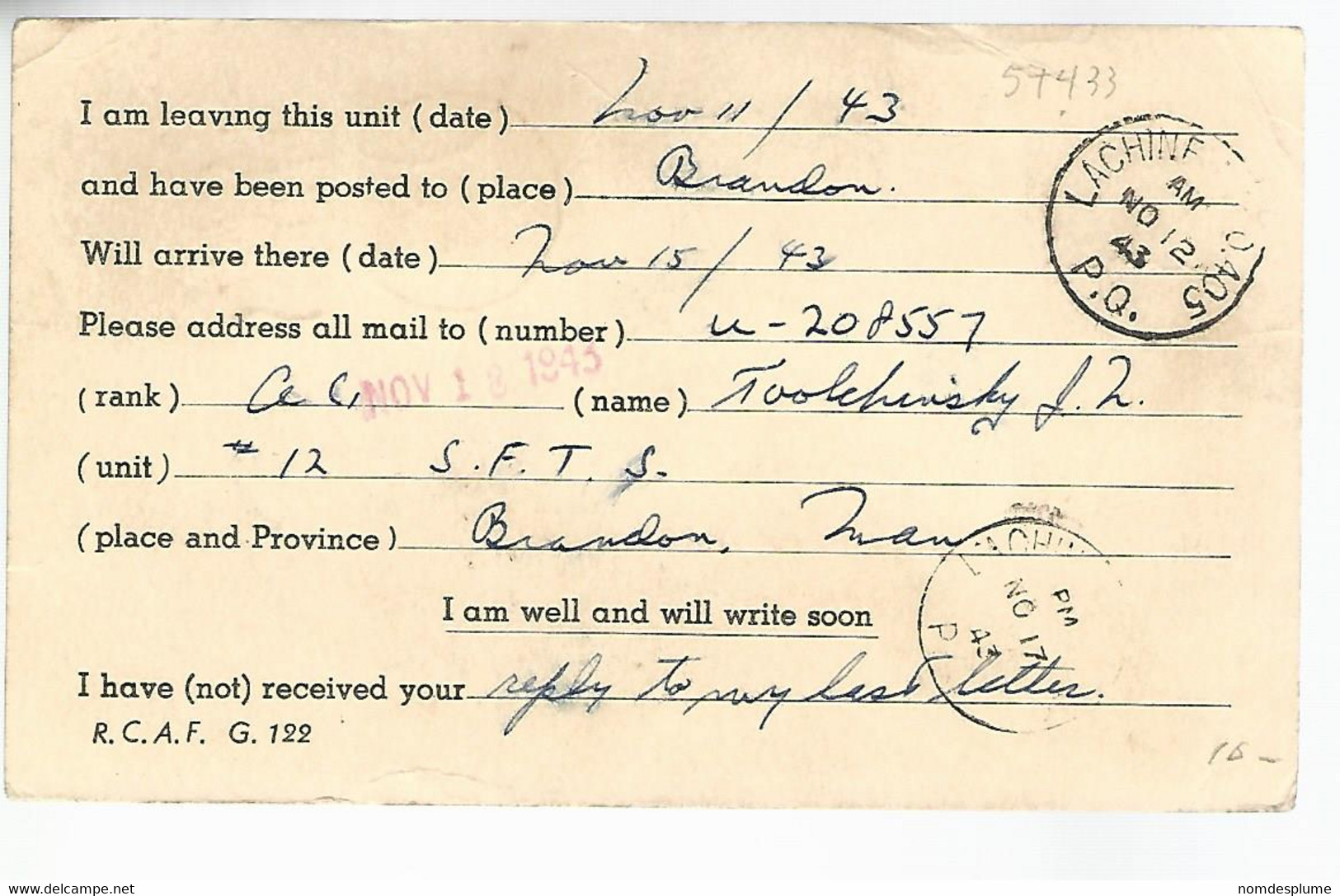 57433) R.C.A.F. Miltary Mail Postcard Change  Of Posting St Thomas Lachine 1943 Postmark Cancel - 1903-1954 Reyes