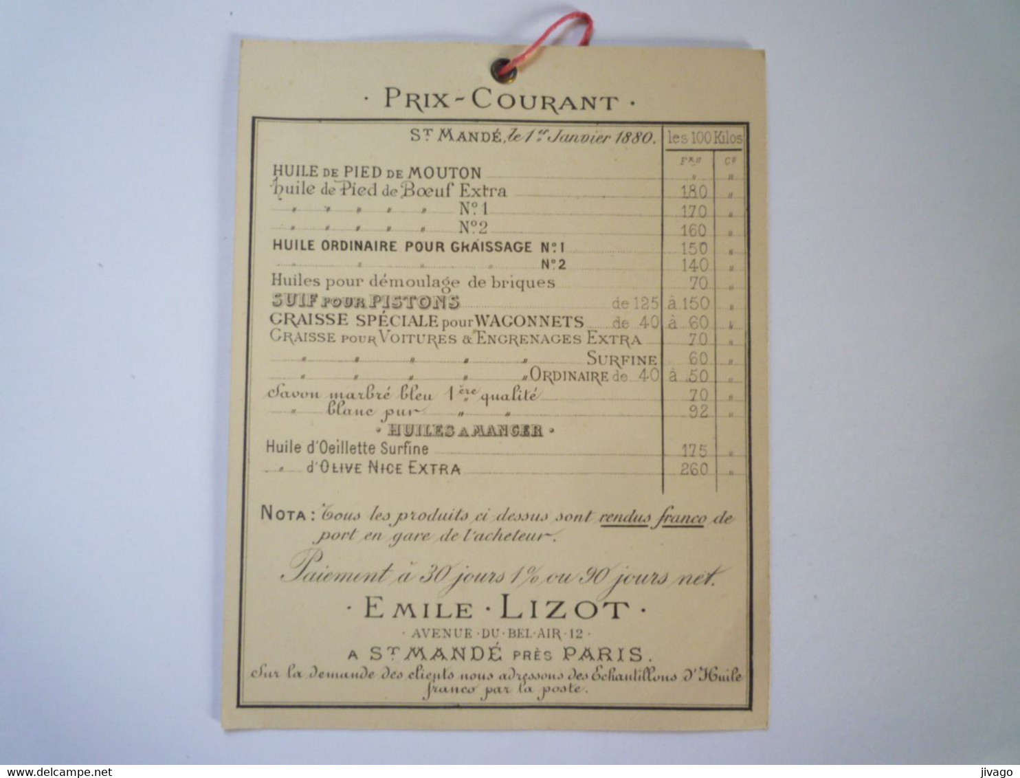 2022 - 4597  CALENDRIER  PUB  " Emile LIZOT  à SAINT-MANDE "  1880  (format 10,5 X 13,5cm)  XXX - Klein Formaat: ...-1900