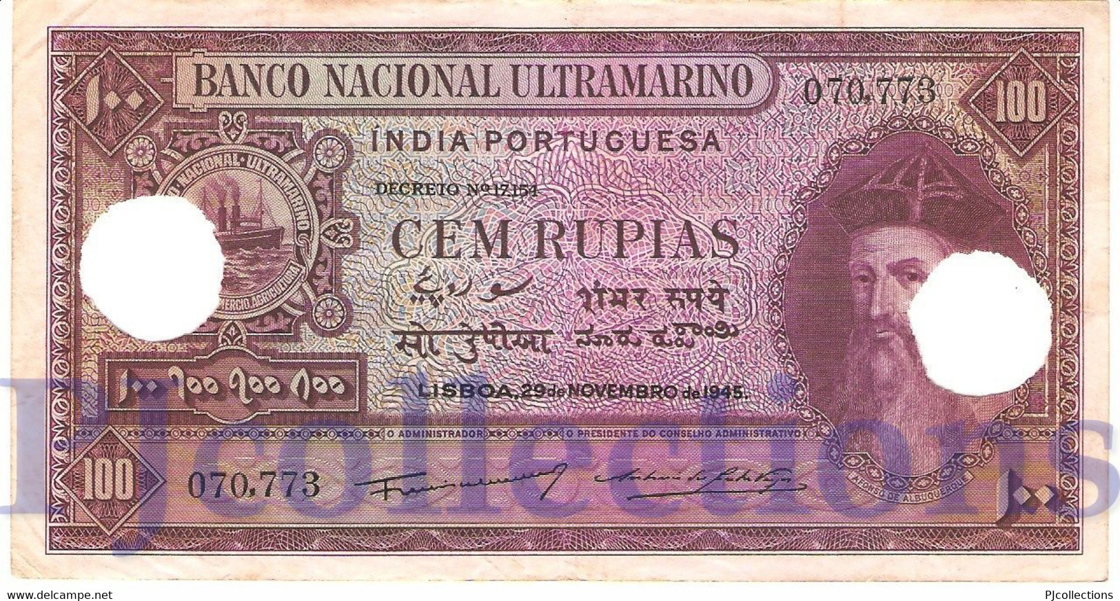 PORTUGUESE INDIA 100 RUPIAS 1945 PICK 39 VF CANCELLED - Andere - Azië