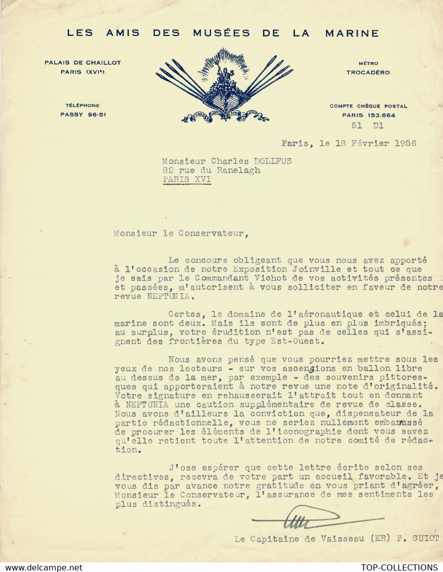 1956 ENTETE LES AMIS DU MUSEE DE LA MARINE Palais Chaillot Paris Sign. Capitaine De Vaisseau Guiot V.TEXTE B.E. - Documentos Históricos