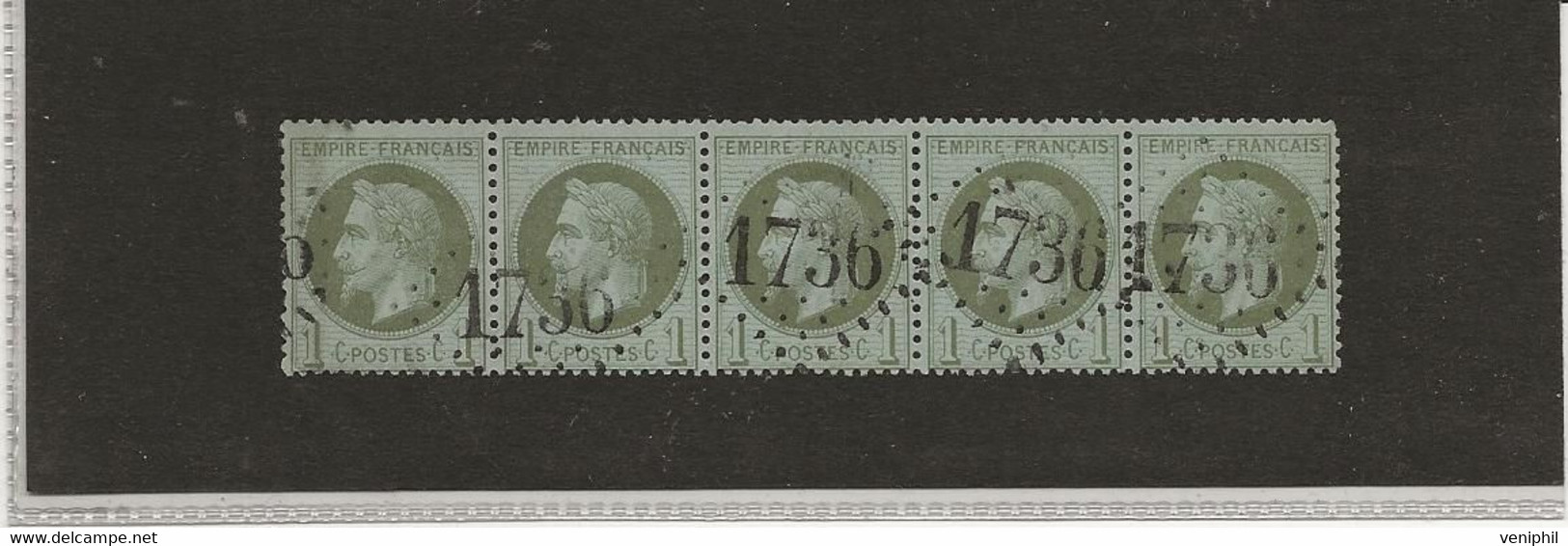 EMPIRE LAURE N° 25   BANDE DE 5 OBLITERE GROS CHIFFRES 1736 - GUEUGNON  OBLITERE TTB - COTE : 160 € - ANNEE 1870 - 1863-1870 Napoleon III With Laurels